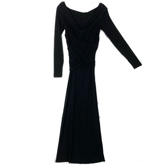 NWOT BEN DE LISI Dress US 4 Black Maxi Boat-Neck Cross Ruch Slit Side Stretch - Picture 2 of 15